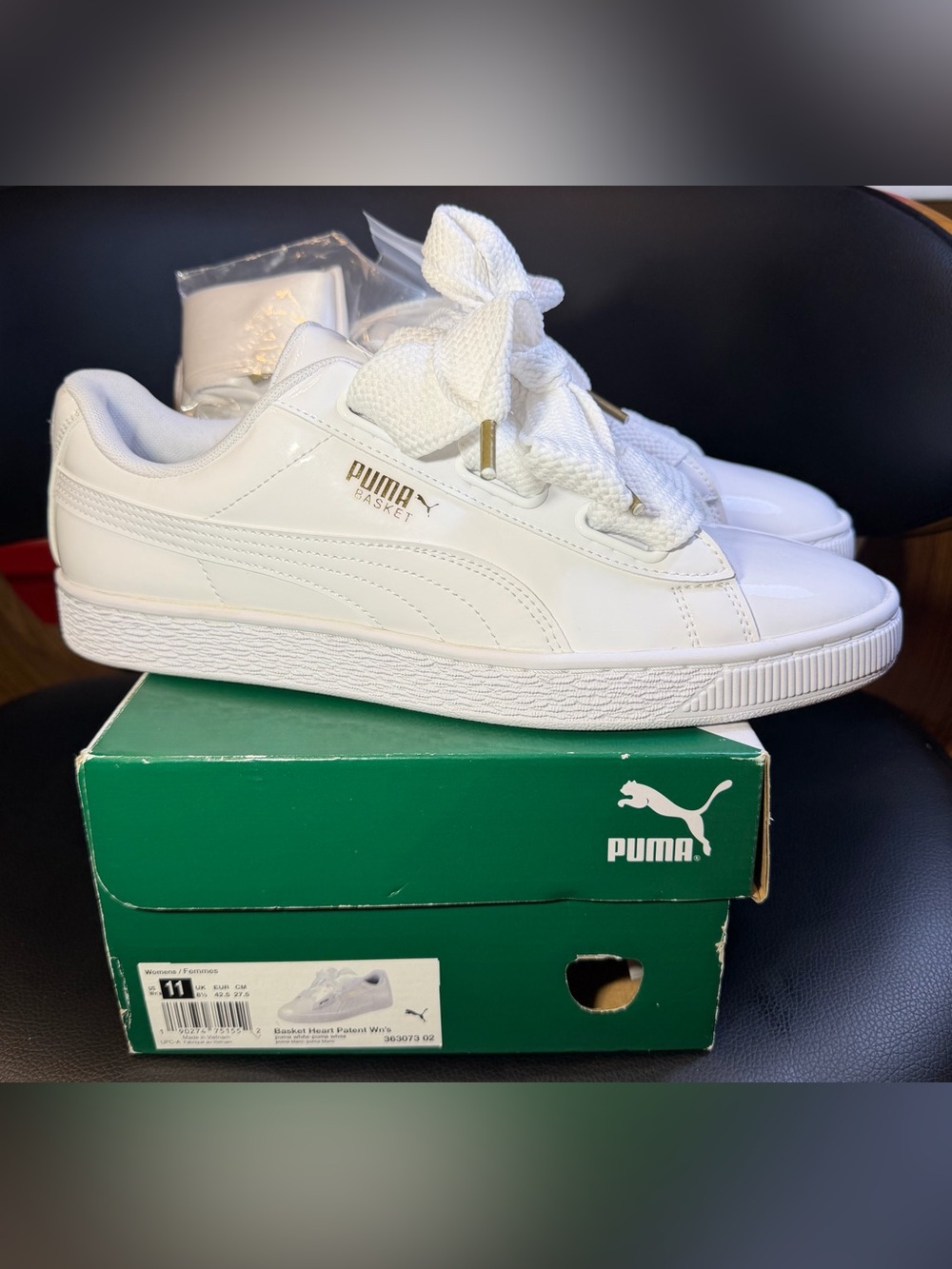 Puma Basket White Patent Leather Sneakers Gold Accents Wmns Sz 11 New in Box